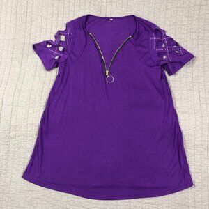4/$15 Purple Shirt Women Small Rhinestone Cut Out Sleeves Zipper Front V Neck